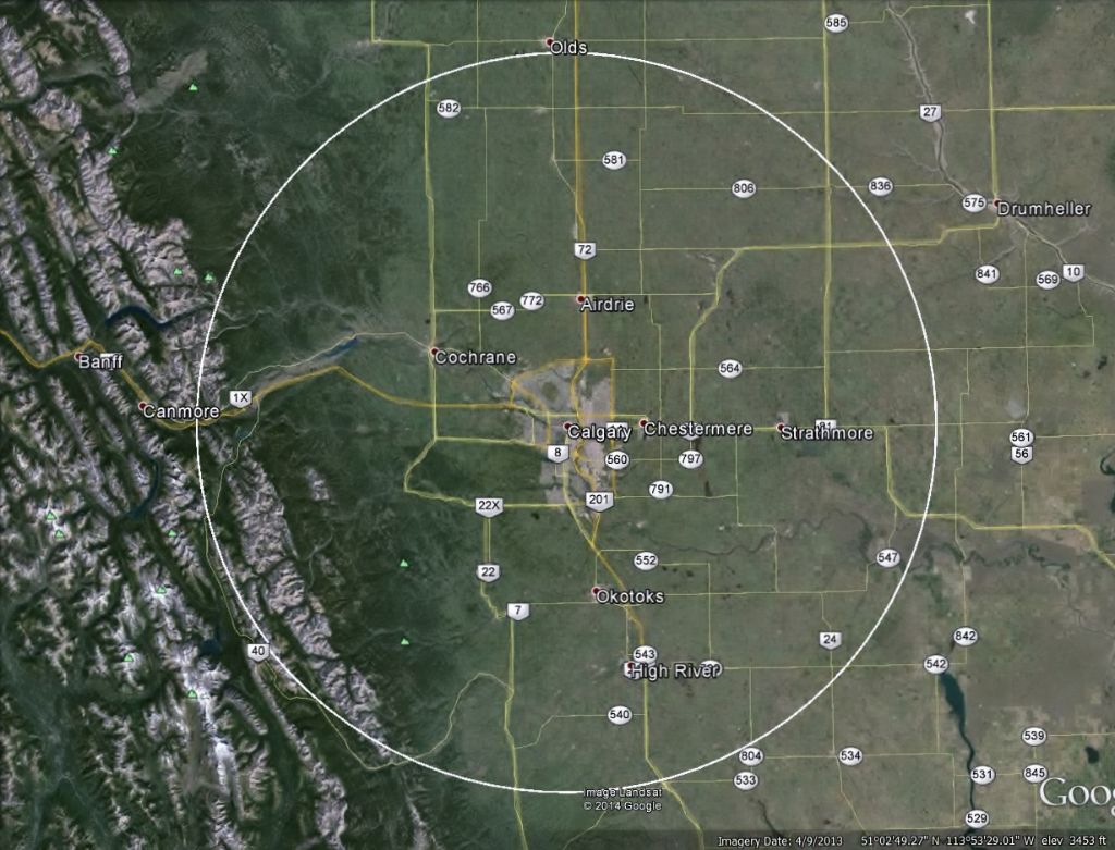 80km circle - Google Earth